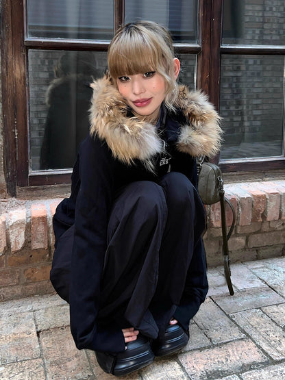 ファーフード ジップ パーカー レディース 韓国 ファッション タイト ストレッチ ロゴパーカー