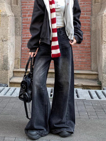 フレア ワイド ブラック デニムパンツ 韓国 ファッション レトロ ヴィンテージ加工 ブラック ジーンズ 秋冬  ゆったり 脚長シルエット