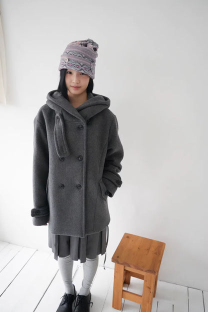 フード付 ミドルコート レディース 韓国ファッション 冬 ダブル Pコート