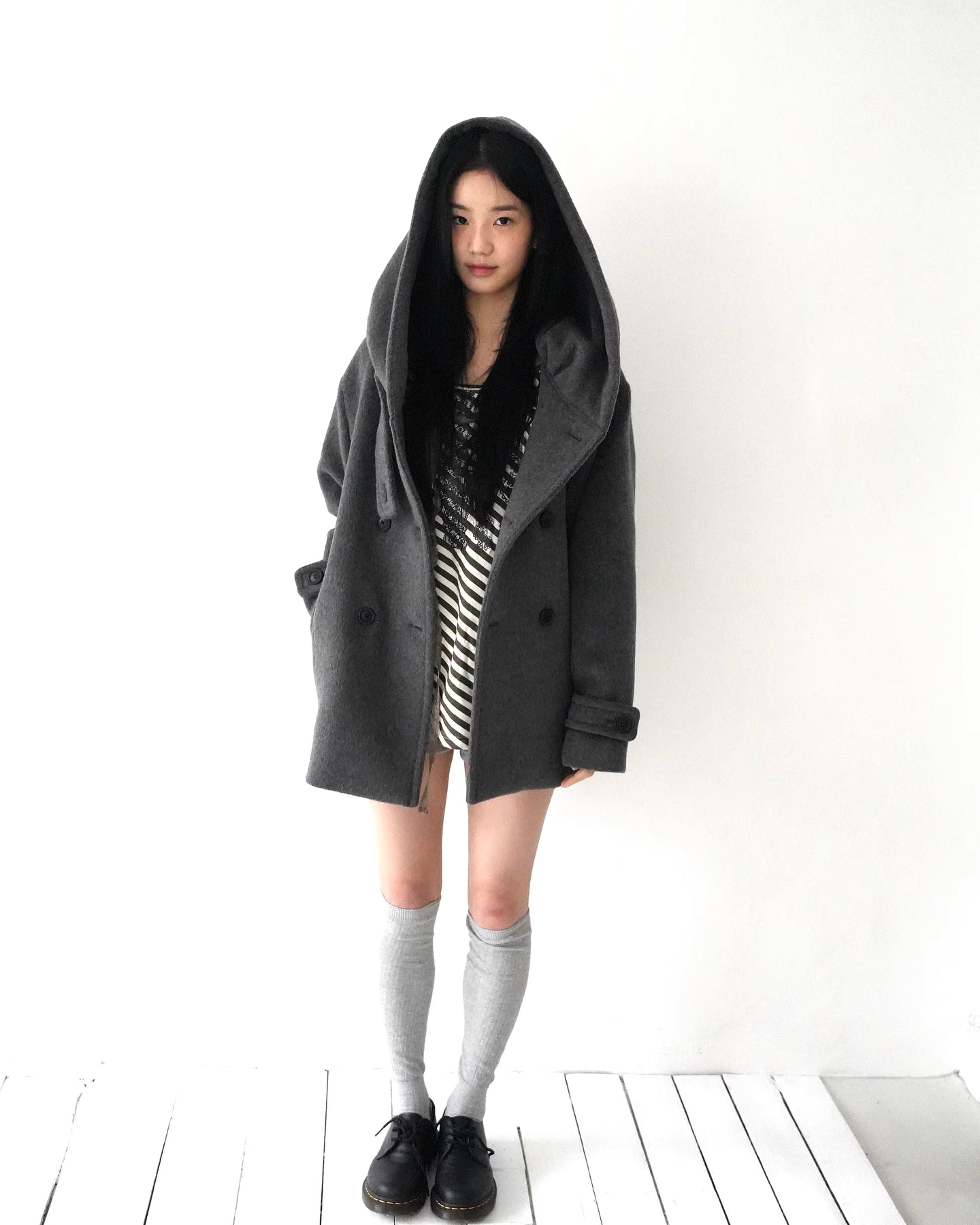 フード付 ミドルコート レディース 韓国ファッション 冬 ダブル Pコート