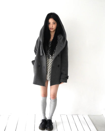 フード付 ミドルコート レディース 韓国ファッション 冬 ダブル Pコート