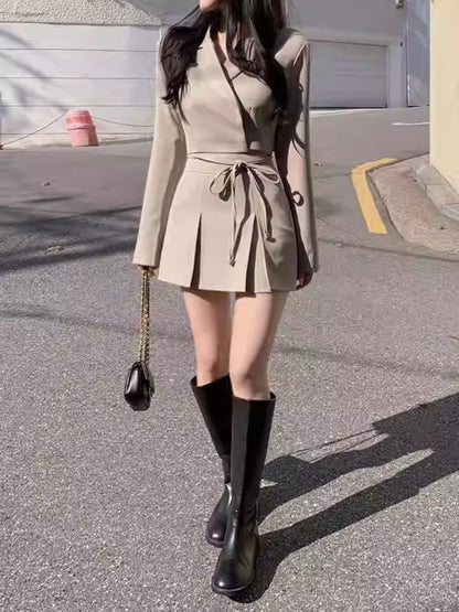 韓国風 ショートジャケット セットアップ レディース プリーツミニスカート 2点セット リボン クロップド JKT