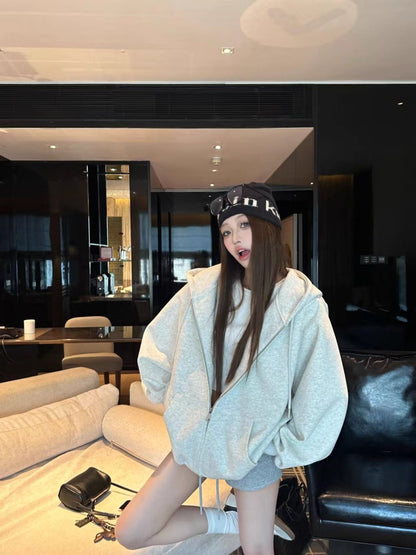 オーバーサイズ ジップ パーカー レディース 韓国  ファッション 定番 アメカジ ビッグシルエット フーディ 春