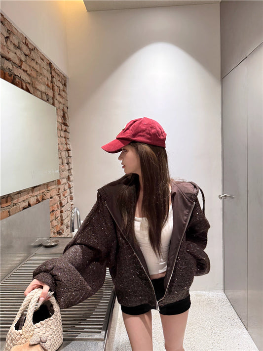 ツイード調 フード ジャケット レディース パーカー 韓国 ファッション スパンコール キラキラ フーディー アウター