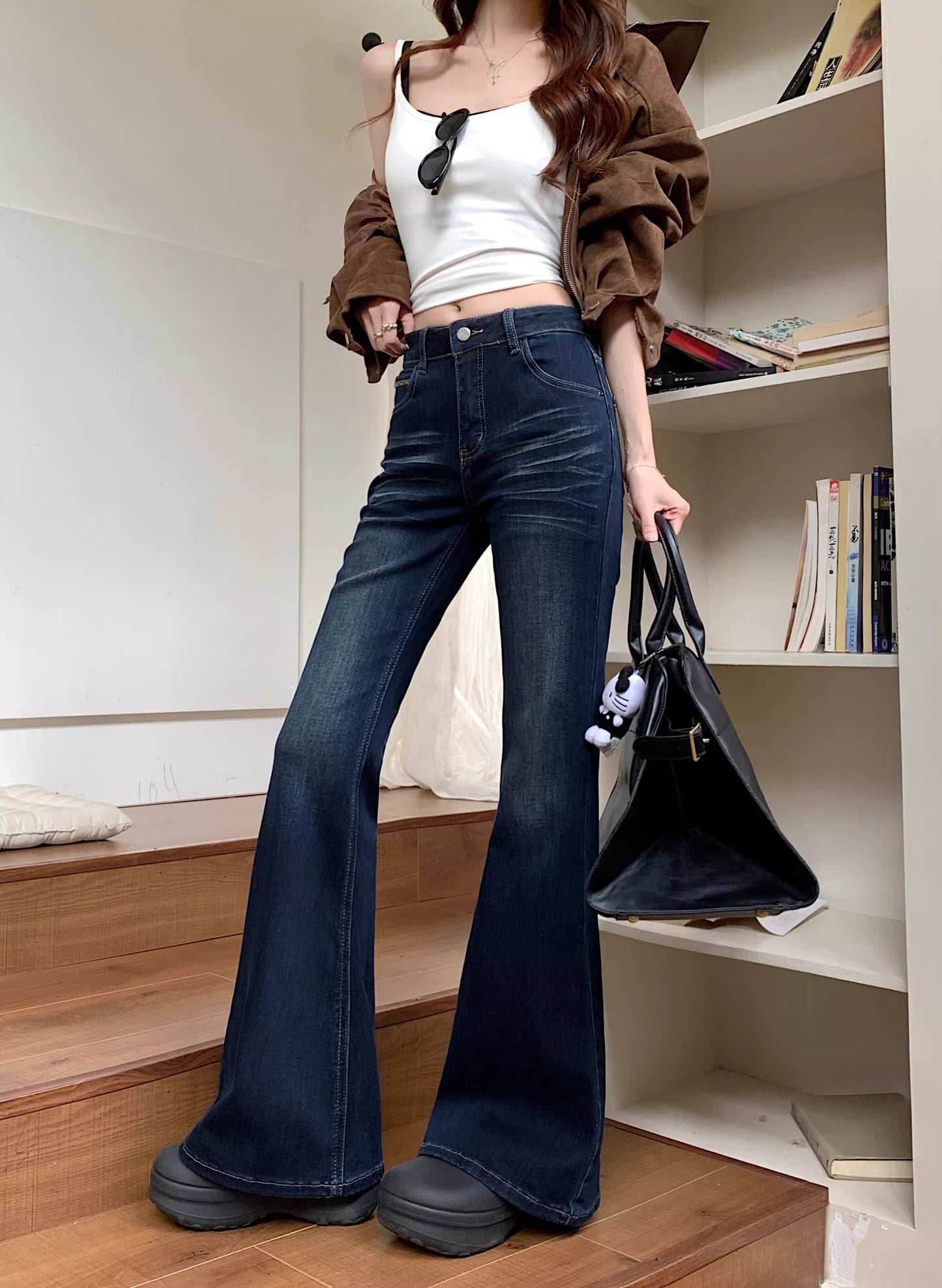 フレア デニムパンツ レディース 韓国 ヴィンテージ ウォッシュ タイトジーンズ