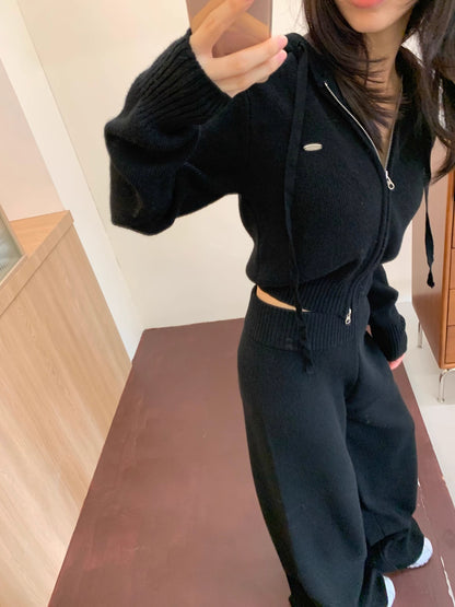 ニット セットアップ クロップド パーカー ワイドパンツ 韓国 ファッション 上下セット ショート丈 フード付きニット