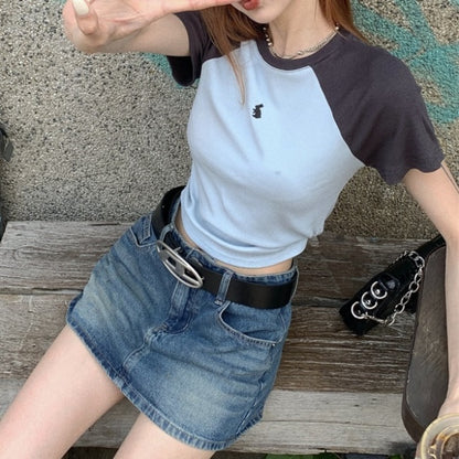 ラグラン Tシャツ レディース 韓国 夏 クロップド丈 半袖 トップス アニマル 刺繍 ワンポイント バイカラー T