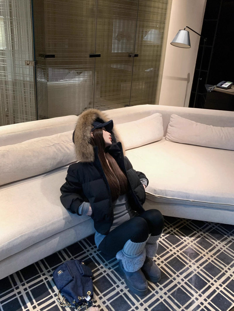 ファーフード ショート パフテック ジャケット 韓国 レトロ  中綿ジャケット 冬用 保温 ジップアップ クロップド丈