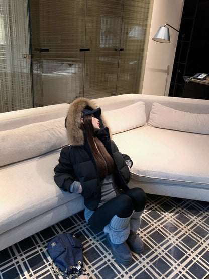 ファーフード ショート パフテック ジャケット 韓国 レトロ  中綿ジャケット 冬用 保温 ジップアップ クロップド丈