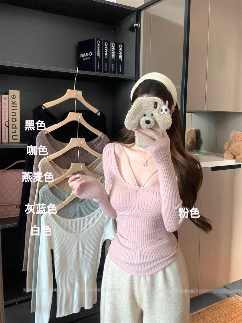 デコルテデザイン リブニット レディース 韓国 ファッション ストレッチ スリムフィット 長袖 ニットトップス