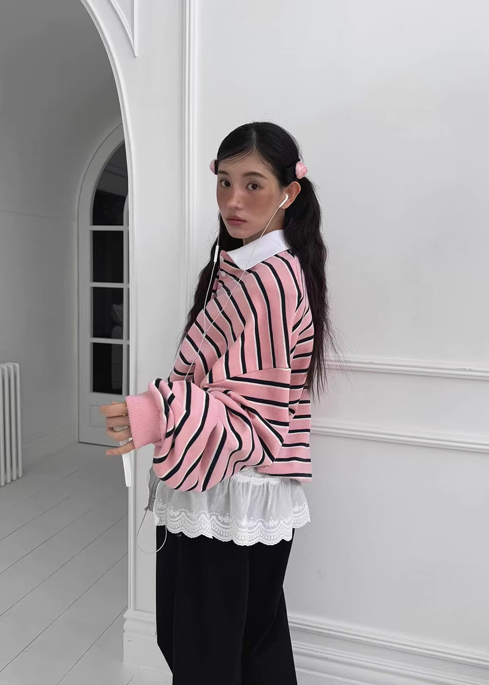 ポロシャツ ロングスリーブ ストライプ スウェット 韓国 ファッション レディース レトロ配色 ボーダー ゆったりカジュアル ストリートトップス