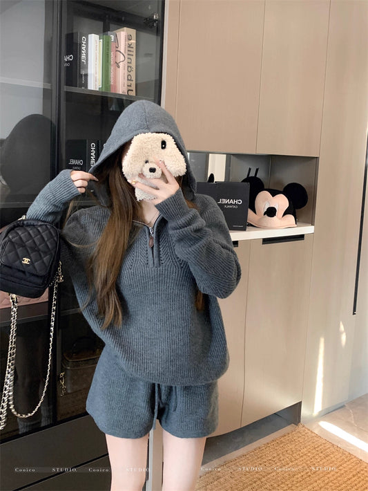 フード ニット セットアップ レディース 韓国 ファッション ニットパーカー ショートパンツ 上下セット