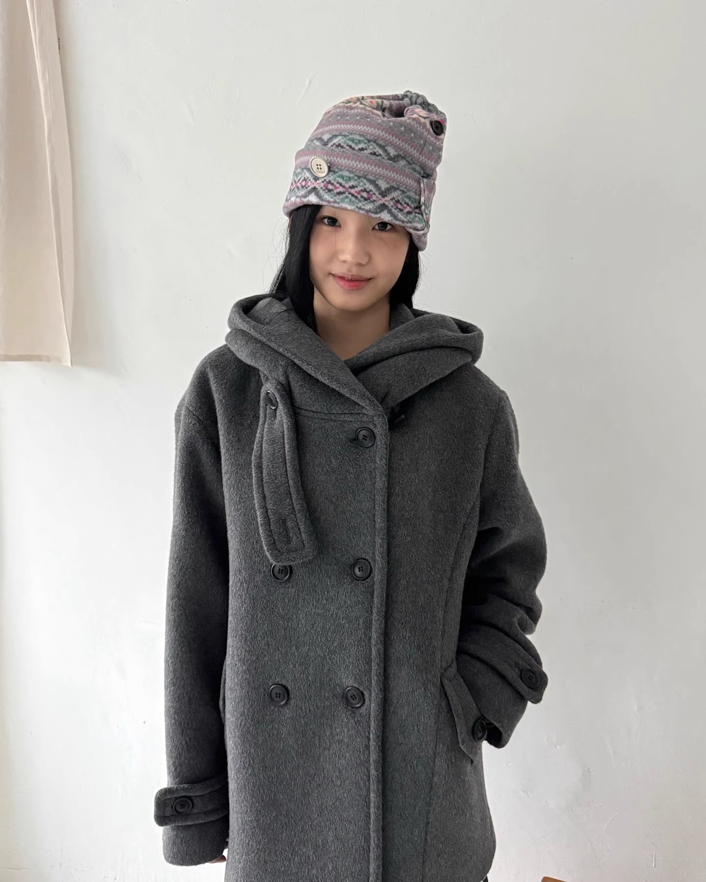 フード付 ミドルコート レディース 韓国ファッション 冬 ダブル Pコート