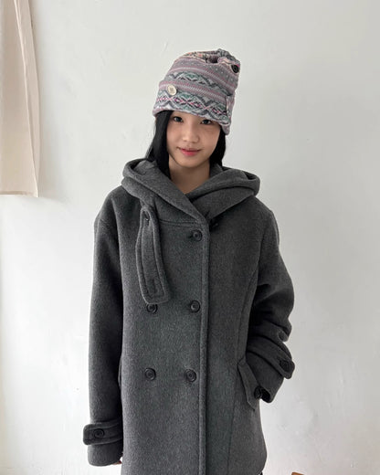 フード付 ミドルコート レディース 韓国ファッション 冬 ダブル Pコート