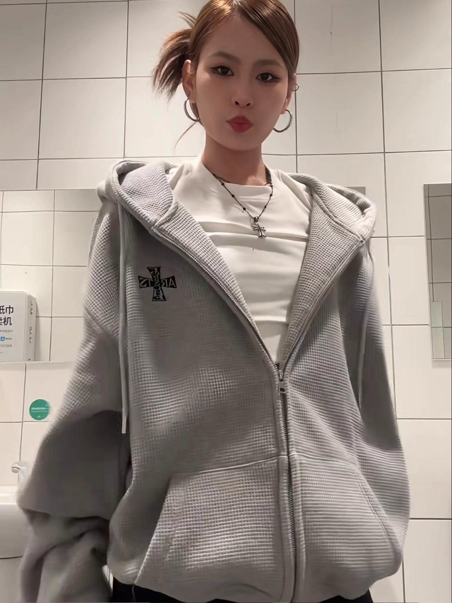 ワッフル ジップパーカー 韓国 ファッション レディース フードロゴ オーバーサイズ パーカー