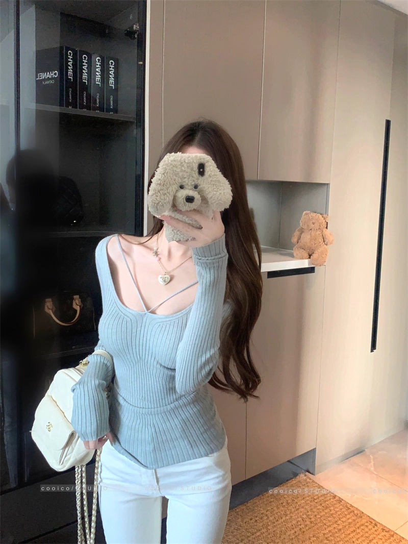 デコルテデザイン リブニット レディース 韓国 ファッション ストレッチ スリムフィット 長袖 ニットトップス