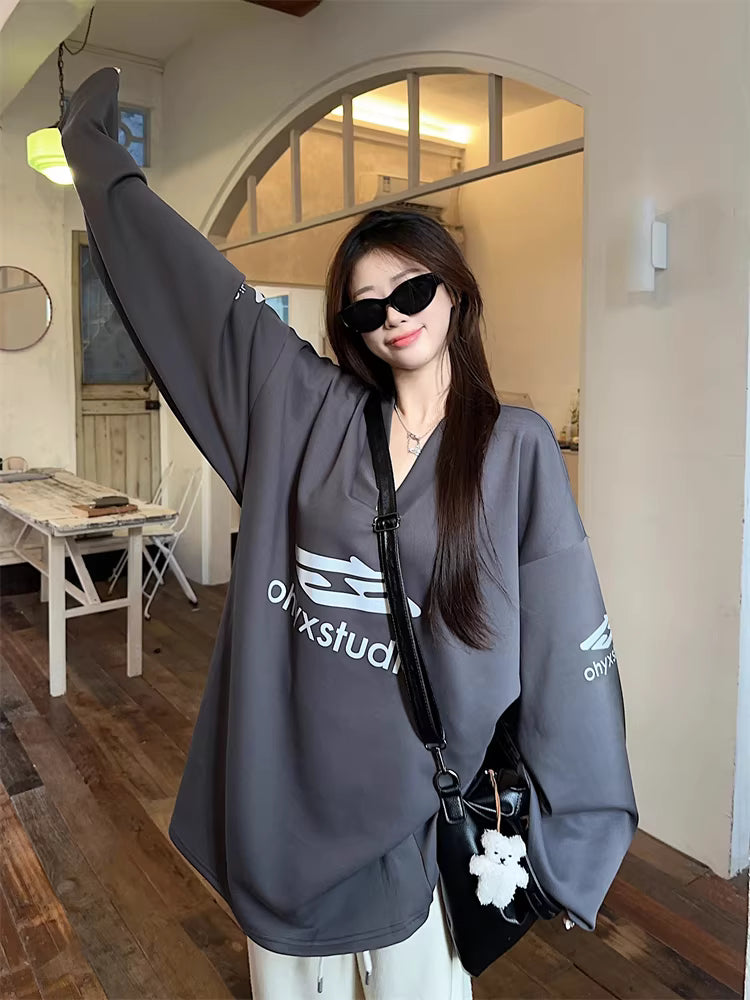 オーバーサイズ ロゴ ロンT シャツ 韓国 レディース アメリカン レトロ スポーティ ビッグシルエット トレーニングウェア