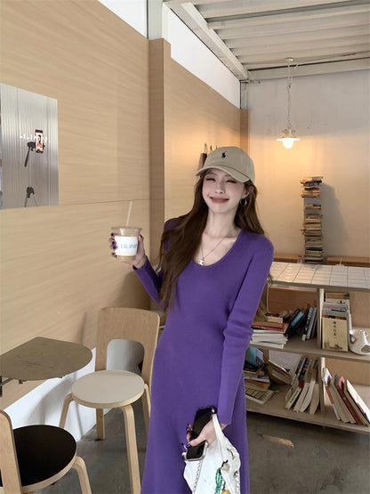 ニット ロングワンピース レディース 春 韓国 ファッション Uネック 細見え Aライン ロングワンピ