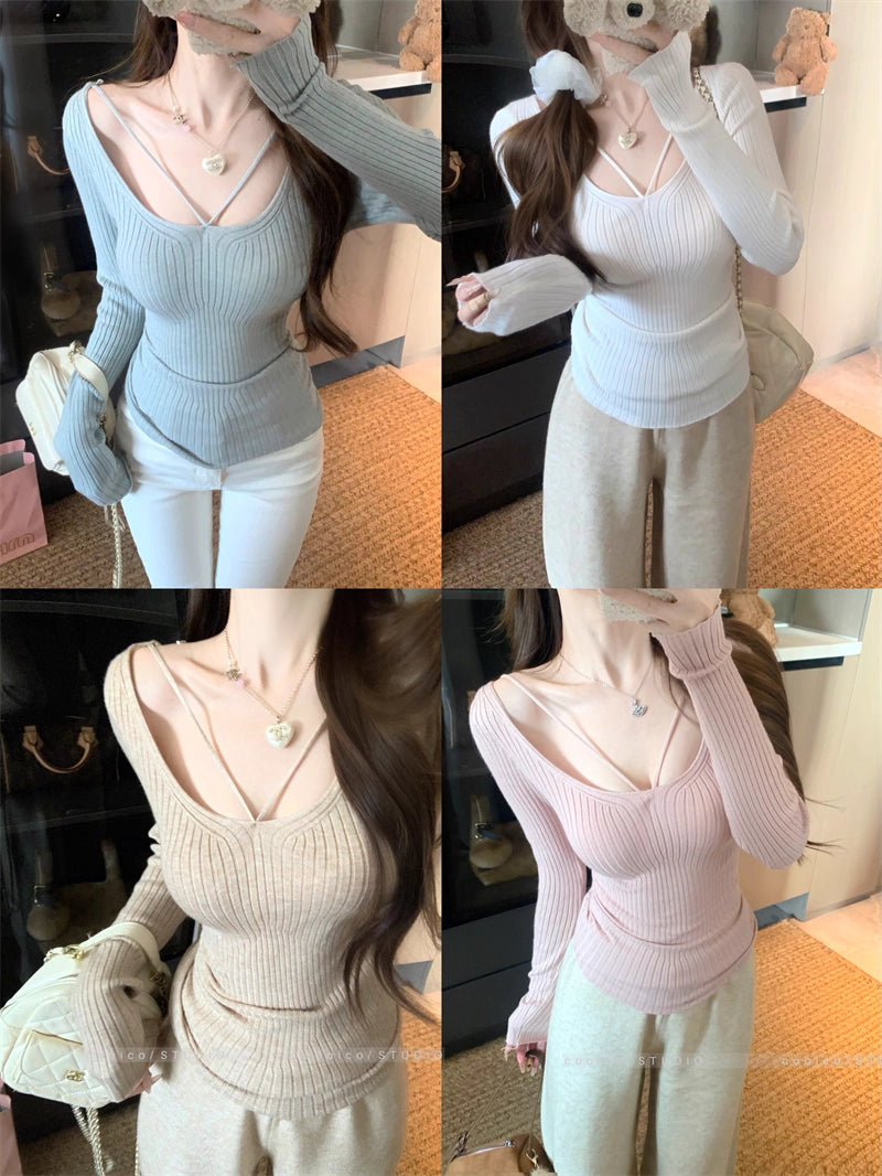 デコルテデザイン リブニット レディース 韓国 ファッション ストレッチ スリムフィット 長袖 ニットトップス