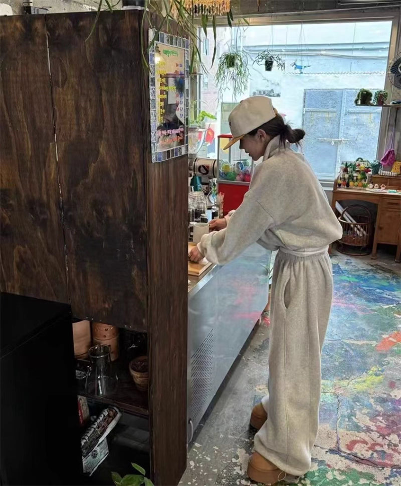 フリース パーカー セットアップ レディース 韓国 ファッション 2025年冬 あったか 上下 ２点 セット スタンドカラー ショート丈 ジップパーカー ドロスト ワイドパンツ