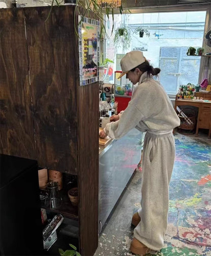 フリース パーカー セットアップ レディース 韓国 ファッション 2025年冬 あったか 上下 ２点 セット スタンドカラー ショート丈 ジップパーカー ドロスト ワイドパンツ