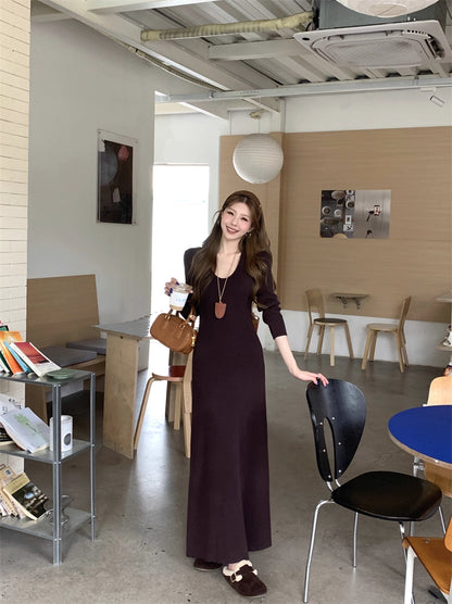 ニット ロングワンピース レディース 春 韓国 ファッション Uネック 細見え Aライン ロングワンピ