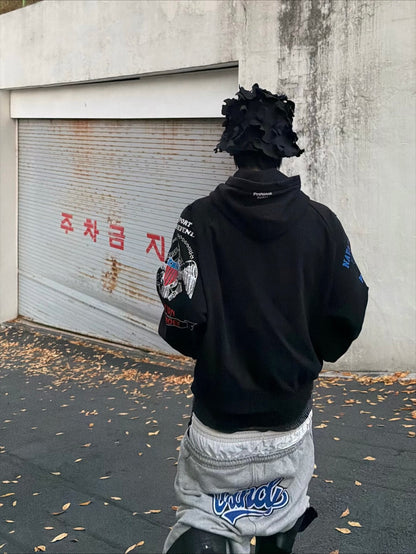 韓国ファッション オーバーサイズ ロゴジップパーカー レディース ストリート グラフィック フード付き 長袖 ブラック