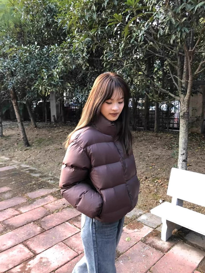 スタンドカラー ショート丈 パファージャケット 韓国 ファッション ブラウン 中綿ジャケット レディース