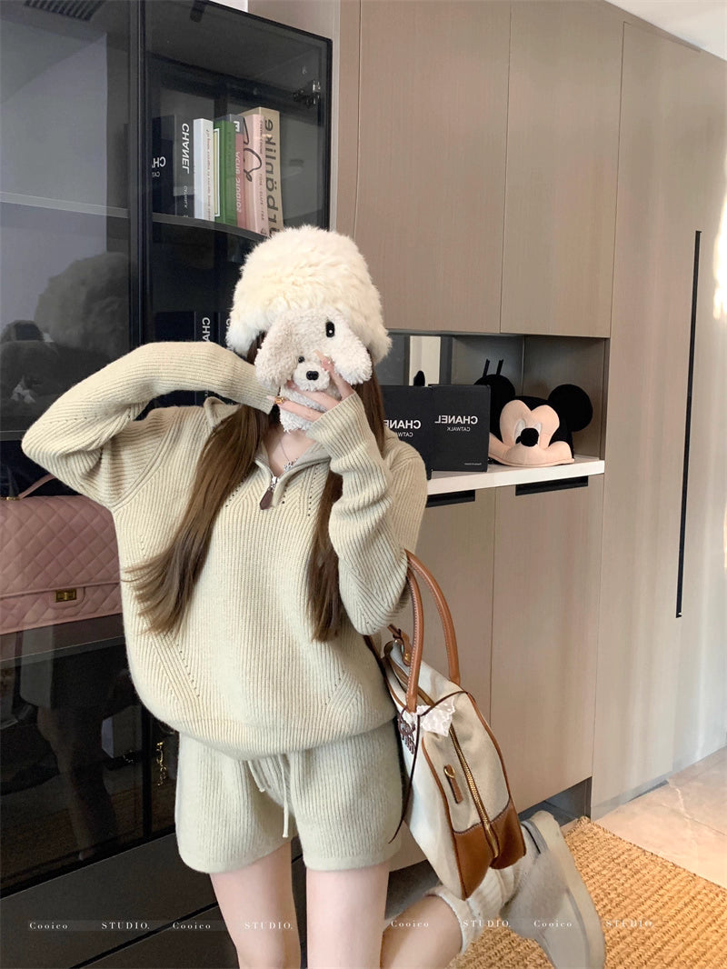 フード ニット セットアップ レディース 韓国 ファッション ニットパーカー ショートパンツ 上下セット