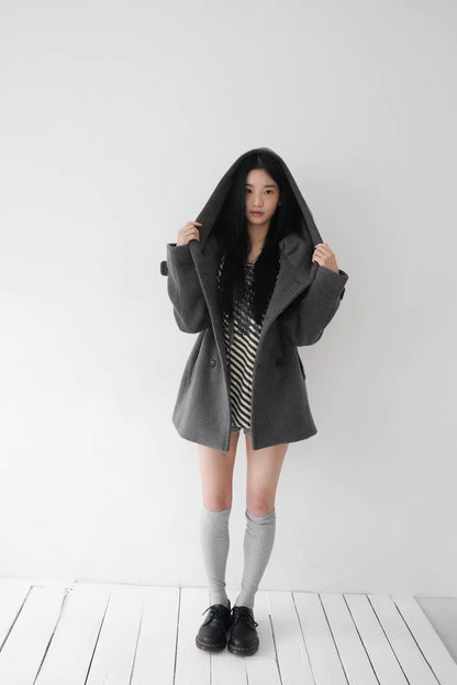 フード付 ミドルコート レディース 韓国ファッション 冬 ダブル Pコート