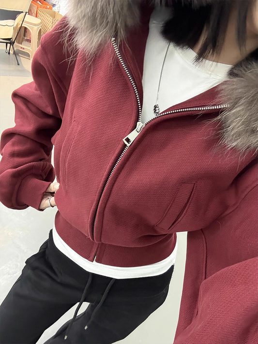 ファーフード ショート パーカー レディース 韓国 ストリート ファッション レッド スウェット フーディ トップス