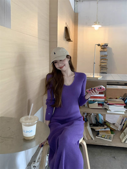ニット ロングワンピース レディース 春 韓国 ファッション Uネック 細見え Aライン ロングワンピ