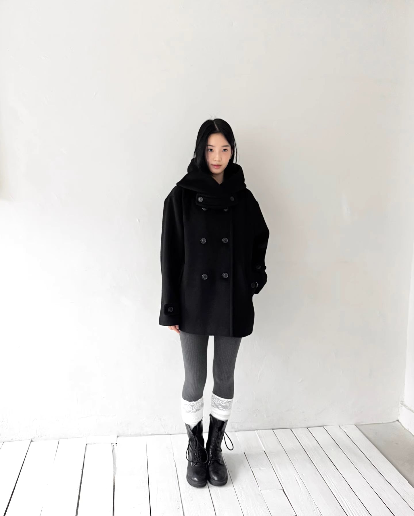 フード付 ミドルコート レディース 韓国ファッション 冬 ダブル Pコート