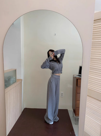 ニット セットアップ クロップド パーカー ワイドパンツ 韓国 ファッション 上下セット ショート丈 フード付きニット