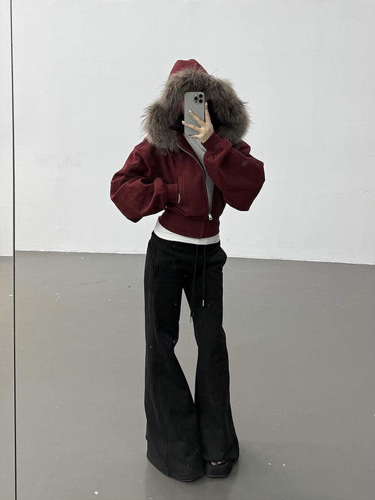 ファーフード ショート パーカー レディース 韓国 ストリート ファッション レッド スウェット フーディ トップス