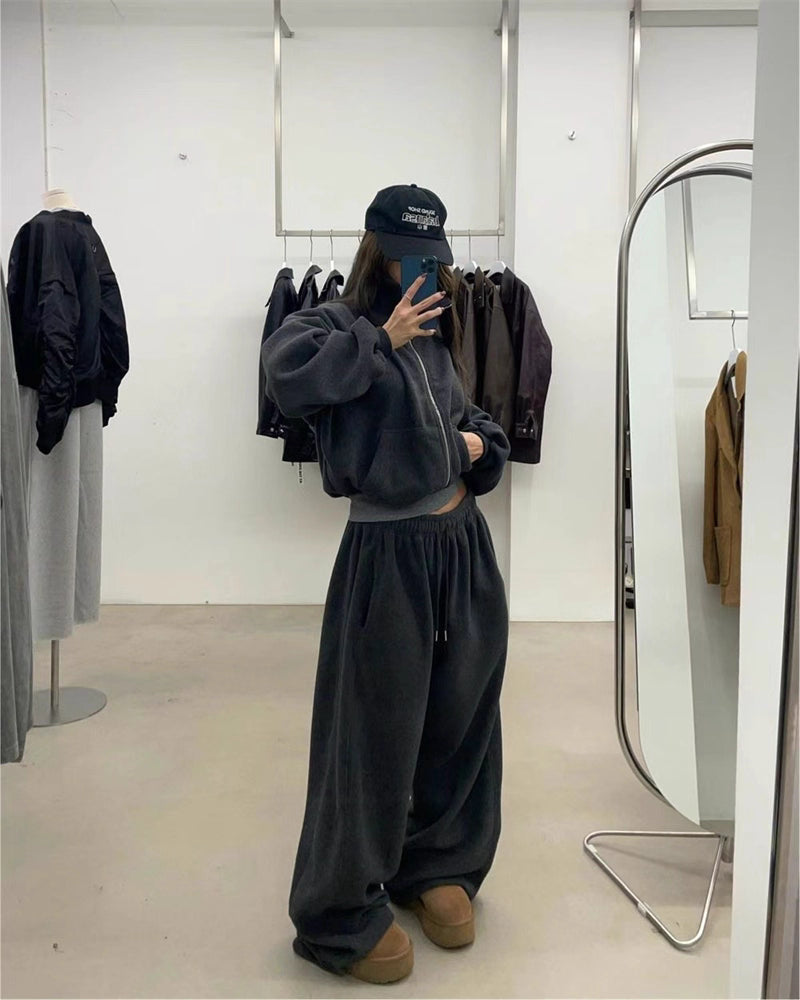 フリース パーカー セットアップ レディース 韓国 ファッション 2025年冬 あったか 上下 ２点 セット スタンドカラー ショート丈 ジップパーカー ドロスト ワイドパンツ