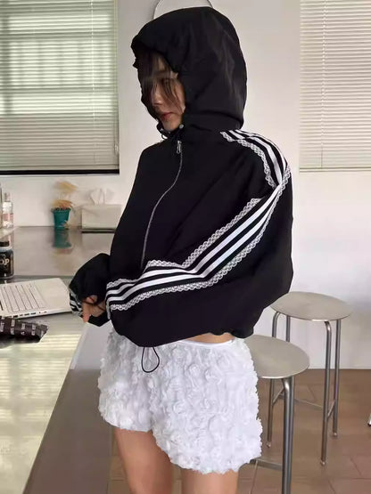 レース ライン ナイロンジャケット韓国 スポーティ ファッション フォード ショート丈 ドローコード 調整 ジャケット