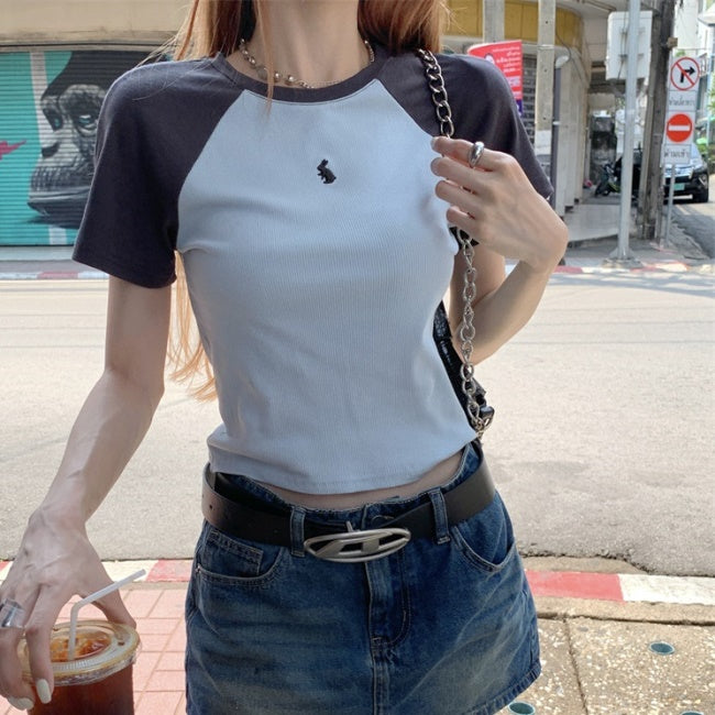 ラグラン Tシャツ レディース 韓国 夏 クロップド丈 半袖 トップス アニマル 刺繍 ワンポイント バイカラー T