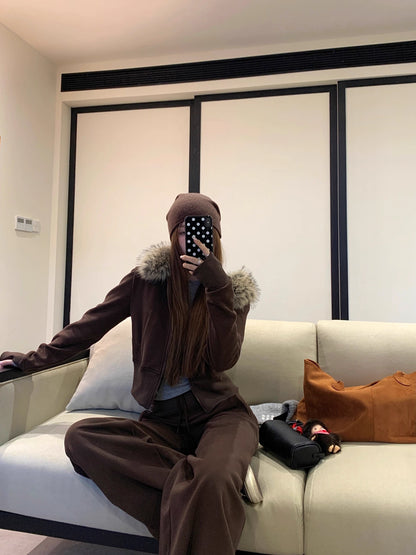 ファーフード ショート パーカー セットアップ レディース 韓国 ファッション ファー襟ジップスウェット×ワイドパンツ 上下セット