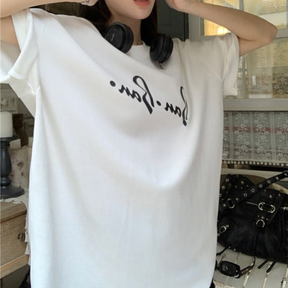 ロゴ Tシャツ レディース 韓国 プリント グラフィック T 白黒 夏トップス オーバーサイズ モノトーン シンプル