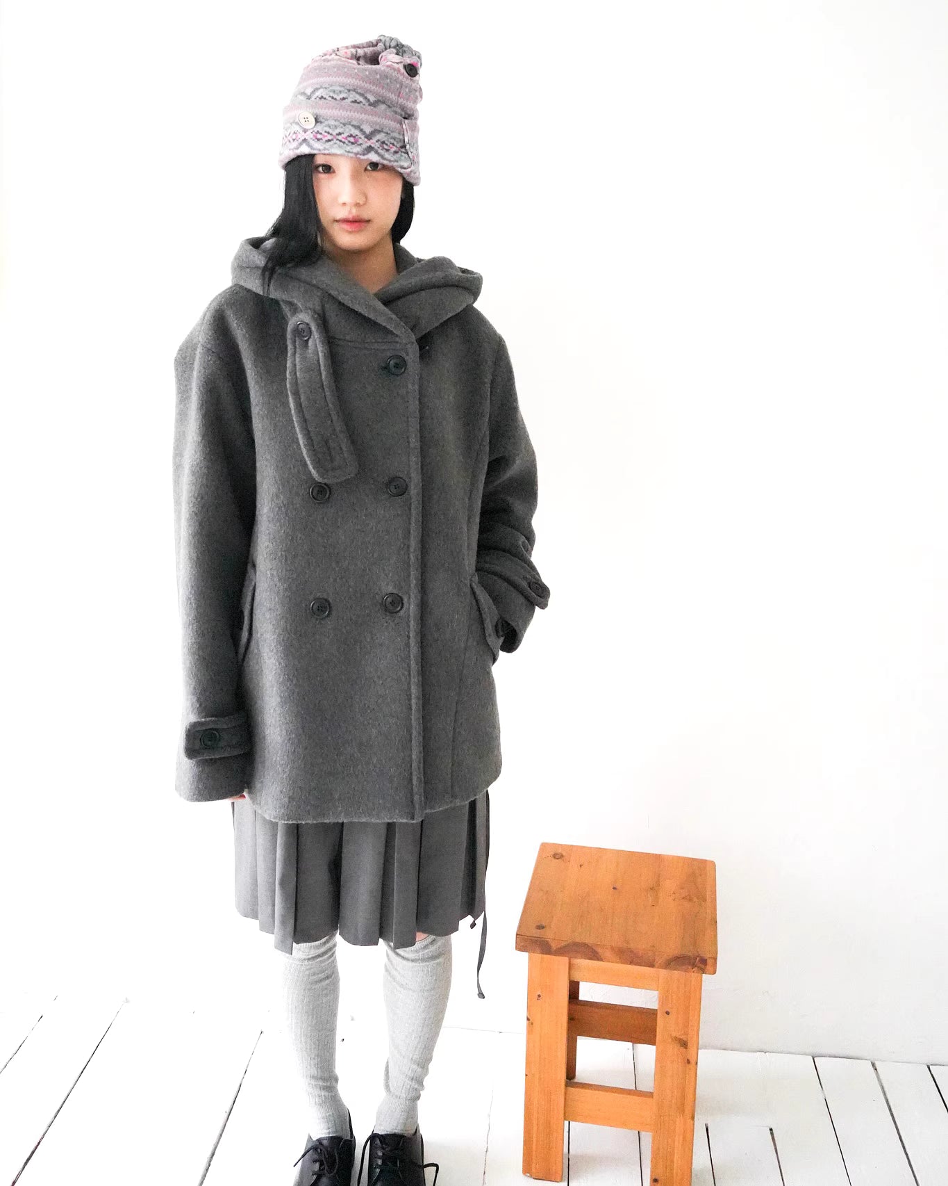 フード付 ミドルコート レディース 韓国ファッション 冬 ダブル Pコート