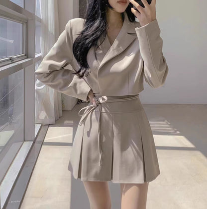 韓国風 ショートジャケット セットアップ レディース プリーツミニスカート 2点セット リボン クロップド JKT