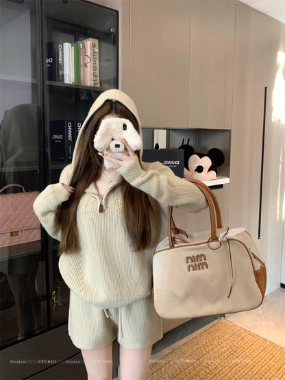 フード ニット セットアップ レディース 韓国 ファッション ニットパーカー ショートパンツ 上下セット