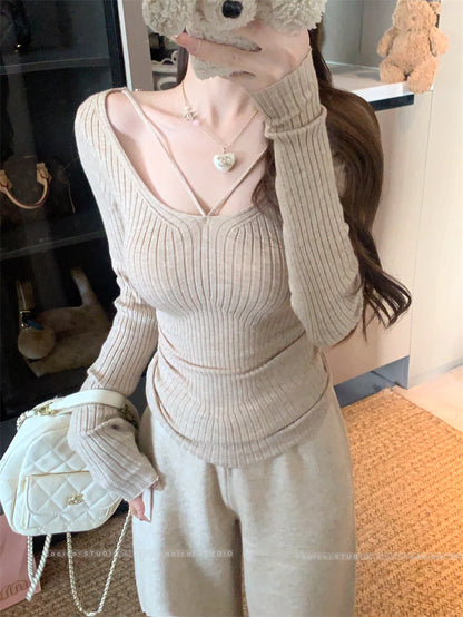 デコルテデザイン リブニット レディース 韓国 ファッション ストレッチ スリムフィット 長袖 ニットトップス
