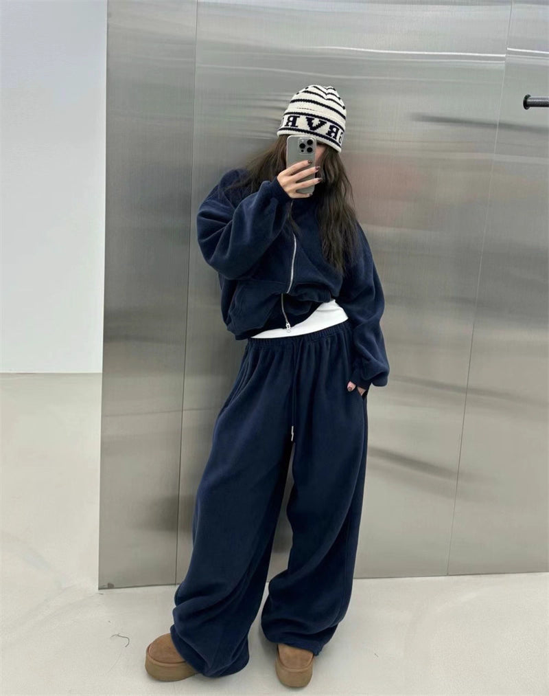 フリース パーカー セットアップ レディース 韓国 ファッション 2025年冬 あったか 上下 ２点 セット スタンドカラー ショート丈 ジップパーカー ドロスト ワイドパンツ