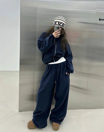 フリース パーカー セットアップ レディース 韓国 ファッション 2025年冬 あったか 上下 ２点 セット スタンドカラー ショート丈 ジップパーカー ドロスト ワイドパンツ