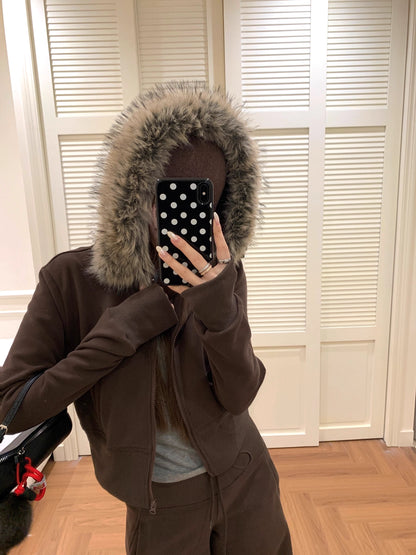 ファーフード ショート パーカー セットアップ レディース 韓国 ファッション ファー襟ジップスウェット×ワイドパンツ 上下セット