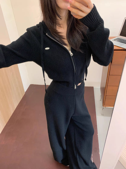 ニット セットアップ クロップド パーカー ワイドパンツ 韓国 ファッション 上下セット ショート丈 フード付きニット