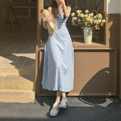 夏 キャミ ワンピース レディース 韓国 ファッション 夏 背中見せ ノースリーブ サマー ロングワンピース ブルー