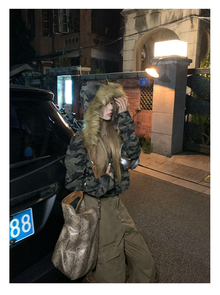 韓国 ファッション 迷彩 ファー フード ショート丈 ジップアップパーカー レディース ストリート Y2K